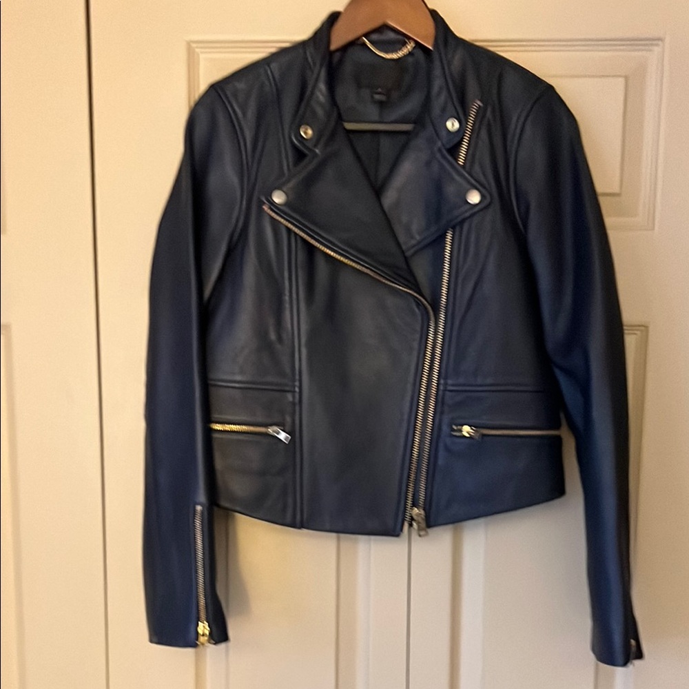 J. Crew Collection Blue Leather Motorcycle Jacket Size 8